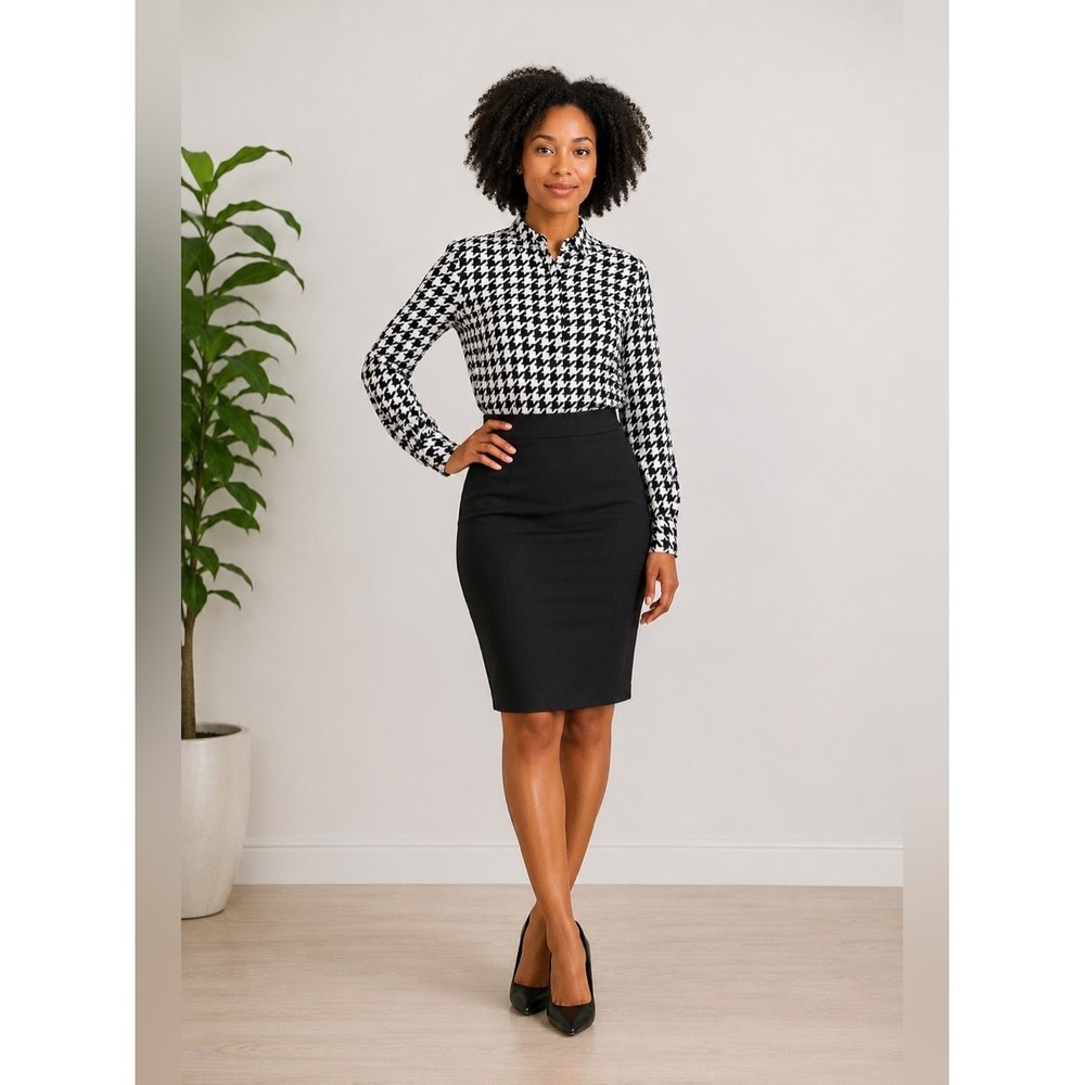 Ann‎ Taylor Factory Black and White Houndstooth Button Up Office Wear Shirt Sz L